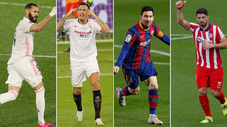 Karim Benzema (Real Madrid), Lucas Ocampos (Sevilla), Lionel Messi (Barcelona) y Luis Suárez (Atlético de Madrid) - Infobae