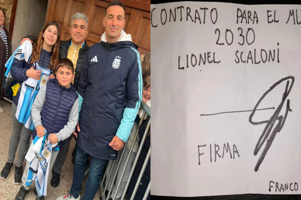 Un nene le hizo firmar a Scaloni un “contrato” hasta 2030 y desafió a Chiqui Tapia: “Ahora te toca a vos” (IG@cesar.ottaviani).